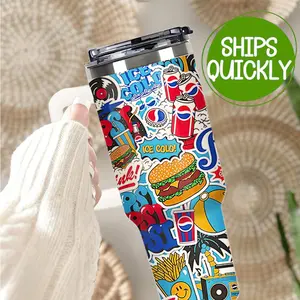 Vintage Pop Art 40oz Travel Tumbler - Retro Sticker Collage Insulated Mug with Comfort Grip Handle - Aesthetic Reusable Cup for Iced Coffee & Water, 40oz Retro Sticker Design Tumbler