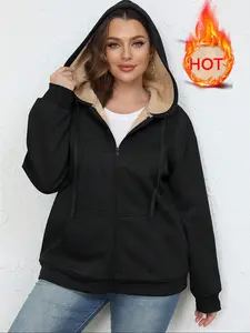Women's Autumn Winter Warm Thick Lamb Velvet Hooded Jacket, Womenswear Casual Sporty Basic Minimalist Aesthetic Style with Pockets, Long Sleeve Zipper Design, Perfect for Cold Weather, Garment