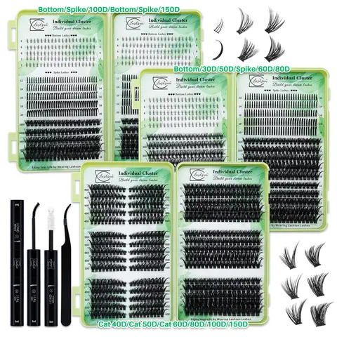 Mixed Flared Wispy Cluster Lashes Kit Bundle - Solid PBT Beauty Product with 570/650/695PCS D Curl Bottom Lash Book, Spikes/Cat/Volume Styles, Bond&Seal, Applicator, Beginner-Friendly for DIY Home Makeup
