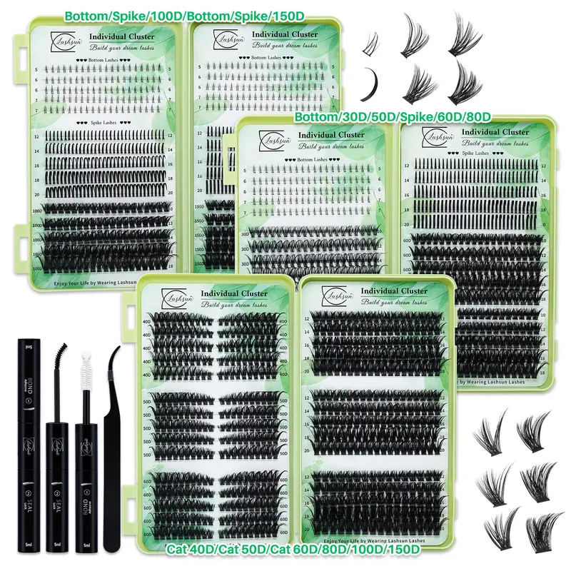 Mixed Flared Wispy Cluster Lashes Kit Bundle - Solid PBT Beauty Product with 570/650/695PCS D Curl Bottom Lash Book, Spikes/Cat/Volume Styles, Bond&Seal, Applicator, Beginner-Friendly for DIY Home Makeup