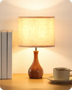 Small Table Lamp, 14.2" Wood Bedside Lamp, Little Cute Desk Lamp with Dark Wood Bottle-Shaped Base & Beige Linen Lampshade, Nightstand Lamp for Bedroom, Small Space, E26 Socket