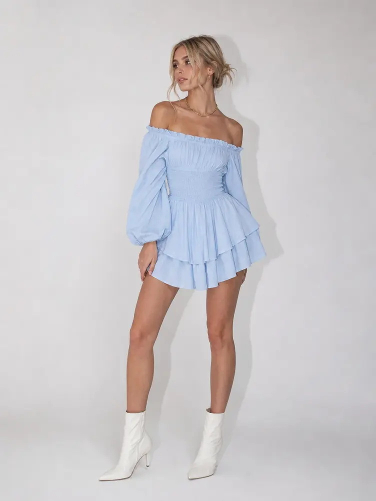 Women's Off-Shoulder Long Puff Sleeve Romper - Smocked Elastic Waist, Ruffle Tiered Short Jumpsuit, Flowy Layered Hem Casual Outfit for Brunch, Date Night, Trendy Feminine Classy Going-Out Fashion