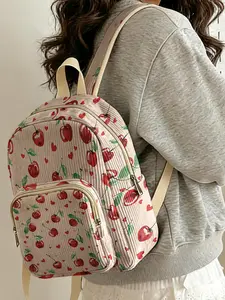 1 piece of ladies' backpack with 2D printed cherry heart pattern, corduroy texture + layered storage + light weight reduction | Perfect for students to go to class/shopping/short trips | Combines atmosphere with practicality