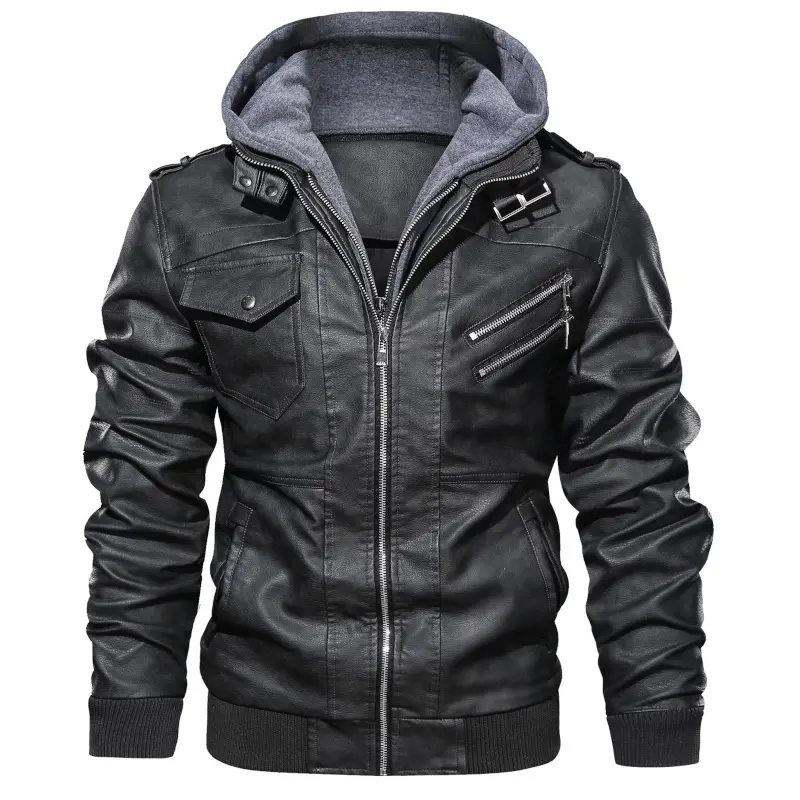 Zaitun Men's Faux Leather Moto Jacket - Hooded Long Sleeve Biker Outerwear with Zipper Pockets for Aesthetic Menswear Outfits, Tops, Streetwear