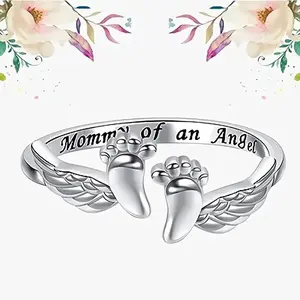 Engraved Angel Baby Ring for Moms, Hypoallergenic Stainless Steel Memorial Gift Jewelry, Gold-Plated Thin Band with Wood Inlay, Icy Emerald CZ, Tapered/Oval/Marquise Shapes, Striped Design for Women engagement anniversary party accessory gift 💍💍💍💍💍💍