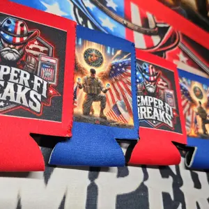 SemperFiBreaks Koozie Standard 12oz with Patriotic Series One and Three Logos Fan Favorites Red or Blue Insulated Drink Holder
