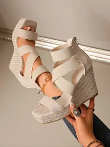 Women's Elastic Pattern Wedge Heel Sandals with Zipper, Wedge Design, Elegant Platform Stiletto High Heels, Summer Beach Vacation Shoes