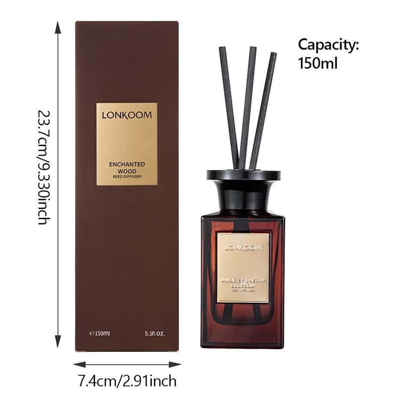 ENCHANTED Woody Reed Diffuser Set 5 oz (150ml) Oriental Woody Scented Diffuser with Sticks Home Fragrance for Bathroom Shelf Decor by lonkoom Aroma Floral Gift Oil Freshener Flower