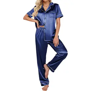 Silk Satin Pajamas Set Women Short Sleeve Sleepwear Soft Button Down Loungewear Pjs SetGift