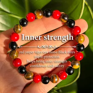 Inner Strength 8mm Natural Gemstone Bracelet Red Jasper Tiger Eye Black Onyx Beads Triple Protection Grounding Energy Chakra Meditation Yoga Jewelry For Women Men Vintage Boho Sports Style Accessory Ideal Gift For Boyfriend Or Couples