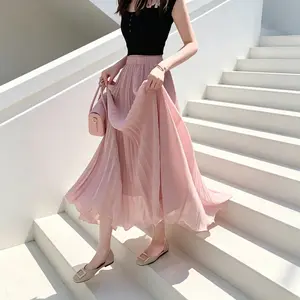 Women's High Waisted Pleated Maxi Skirt, Flowy Chiffon A-Line Long Skirt, Elegant Spring Skirt for Work, Vacation & Daily Wear