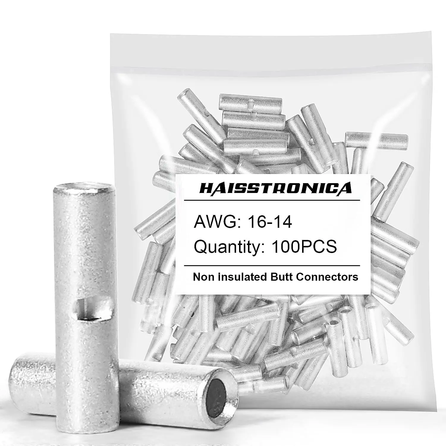 Non-Insulated Butt Connectors Kit, 100pcs Tinned Copper Wire Connectors for Automotive, Marine Use (AWG 16-14)