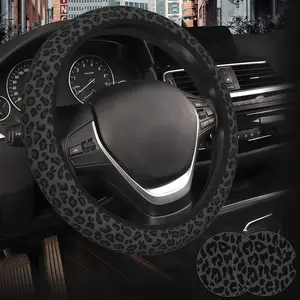 Black Leopard Print Steering Wheel Cover for Women, Universal Size 14.5-15inch