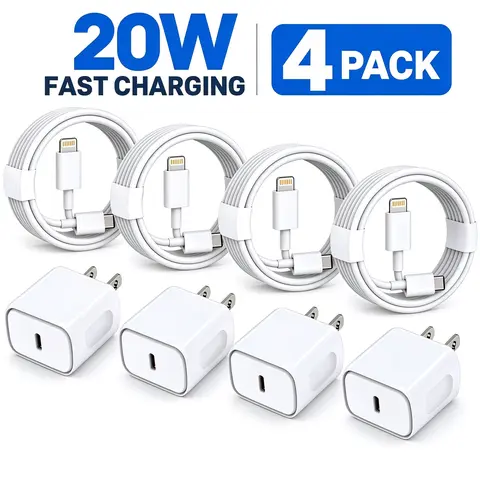 RXVNPXI 4-Pack 20W USB-C Fast Wall Charger Adapter Set with 4x6FT USB-C to Lightning Cables, iPhone Chargers for iPhone 14/13/12/11 Pro Max, AirPods Pro Cell Phone Fast Charging Kit, Charger For Iphone