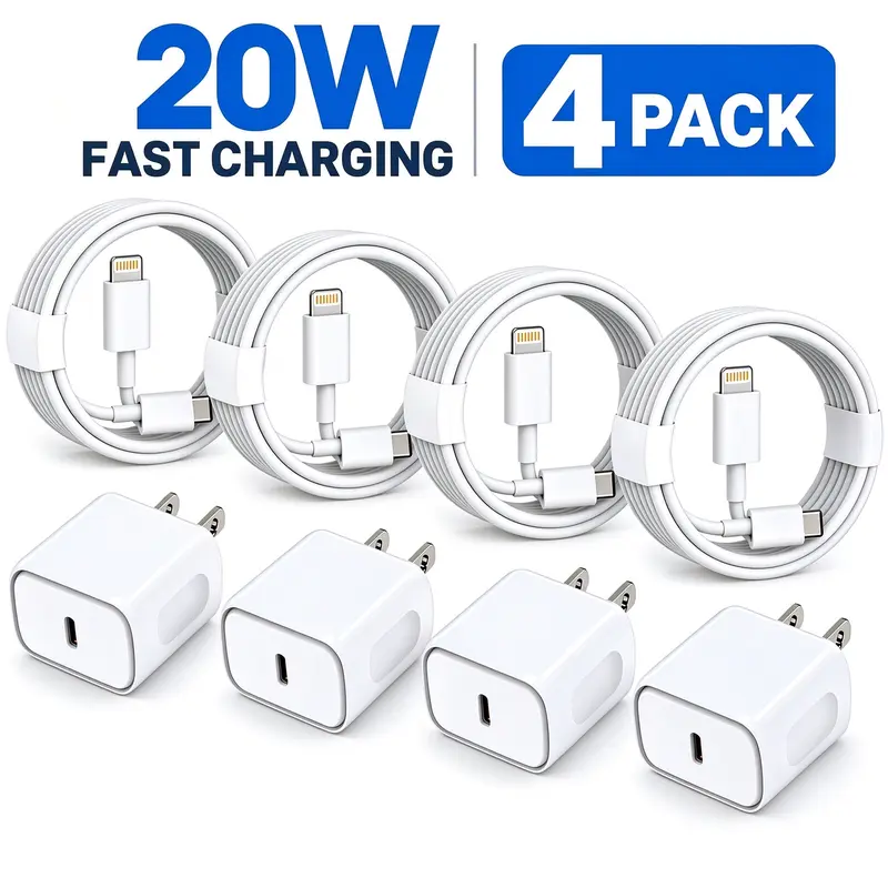 RXVNPXI 4-Pack 20W USB-C Fast Wall Charger Adapter Set with 4x6FT USB-C to Lightning Cables, iPhone Chargers for iPhone 14/13/12/11 Pro Max, AirPods Pro Cell Phone Fast Charging Kit, Charger For Iphone