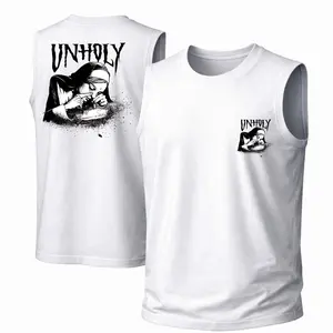 Menswear Cotton Sleeveless Tank Top - Unisex Soft Fabric Garment, "UNHOLY" & Rebellious Nun Print, Classic Crew Neck, Casual for Spring & Summer
