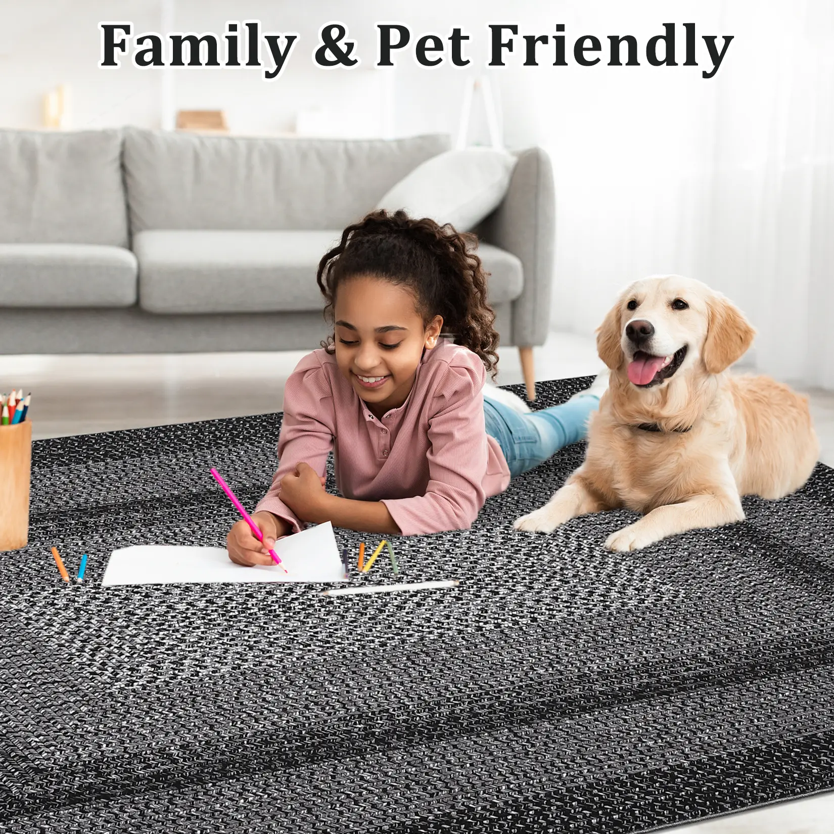 Garvee Washable Printed Area Rug - Non-Slip Backing, Thin Low-Pile Portable Carpet, Mark-Resistant with Natural Edge, Large Indoor Rug for Living Room Bedroom Nursery Dining Office - 9x12