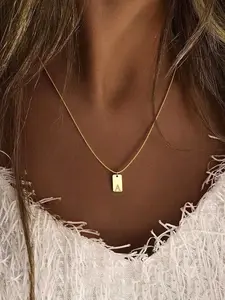 Women's Necklace with Square Pendant, Stainless Steel Vacuum Plated Letter Engraving Design, Elegant Jewelry Gift for Women