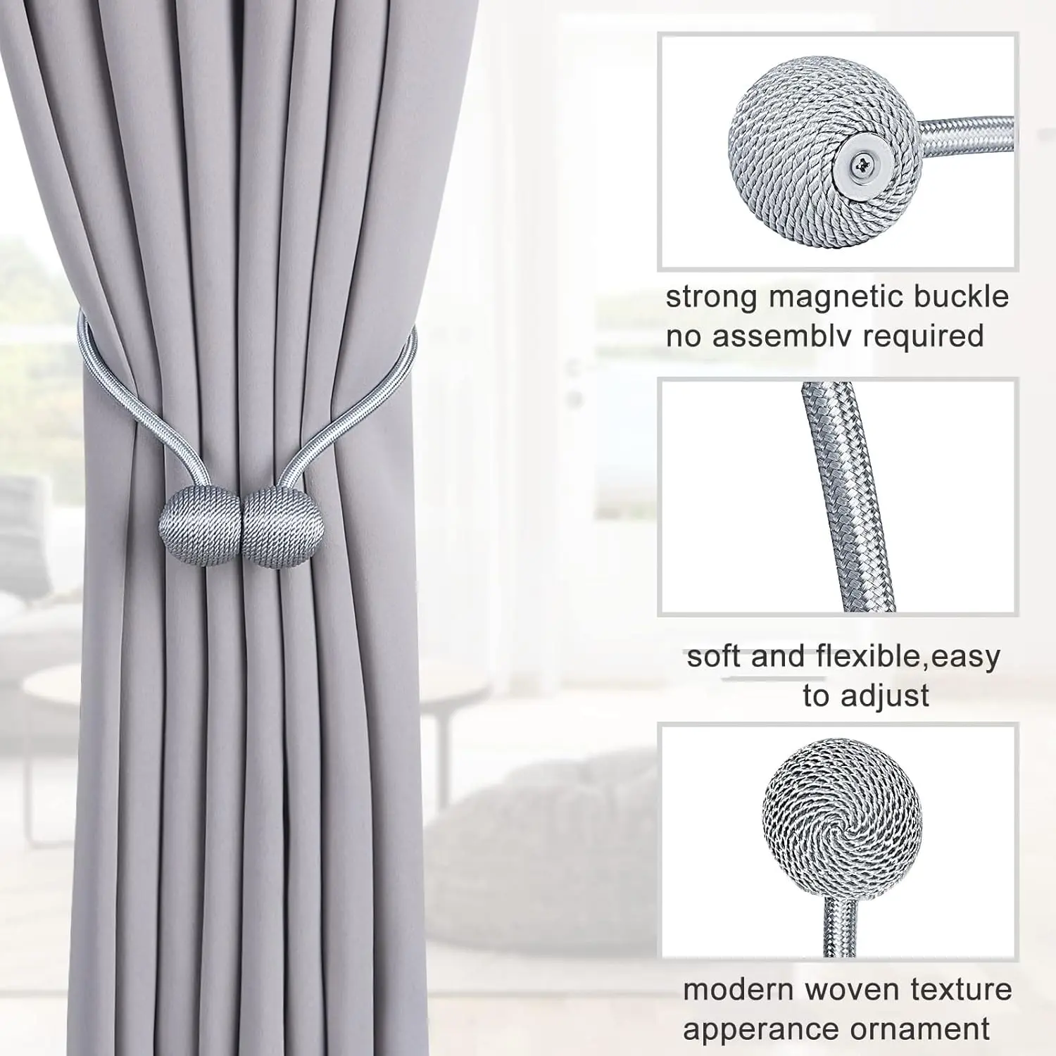 Magnetic Curtain Tiebacks Grey 2pcs, Curtain Holdbacks Hooks Holders | Decorative Curtain Buckles Clip for Drapes Home Outdoor Bedroom Office No Drill No Tools