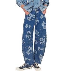 Chouyatou Women's Simple Floral Jeans Y2K Loose Wide-Leg Jeans Boyfriend Style Printed Stitching Jeans