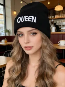 QUEEN Letter Black Beanie Hat Unisex Streetwear Knit Cap for Women
