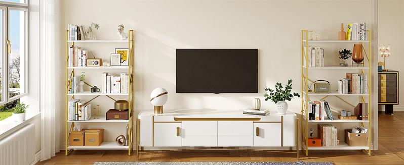 DWVO 5 Tiers Gold Bookshelf, Modern Wide Bookcase, Large Book Rack, Storage Rack Shelves in Bedroom/Living Room/Home/Office, Books Holder Organizer for Books, Gold