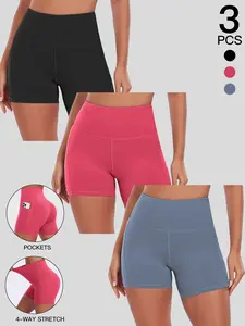 3-Pack High-Waisted Milk Silk Breathable Shorts for Women, Side Pockets, Non-Sweaty, Casual Daily Wear, All-Season Fashion