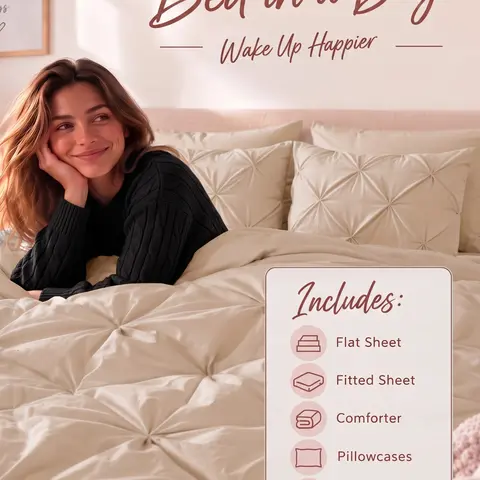 LANE LINEN Bed in a Bag Comforter Set - Brushed Microfiber Pintuck Down Alternative Comforter, Sheets, Pillowcases & Shams, All-Season, Machine Washable - Dorm, Guest Room & First Apartment Bedding, Housewarming & Wedding Registry Gift