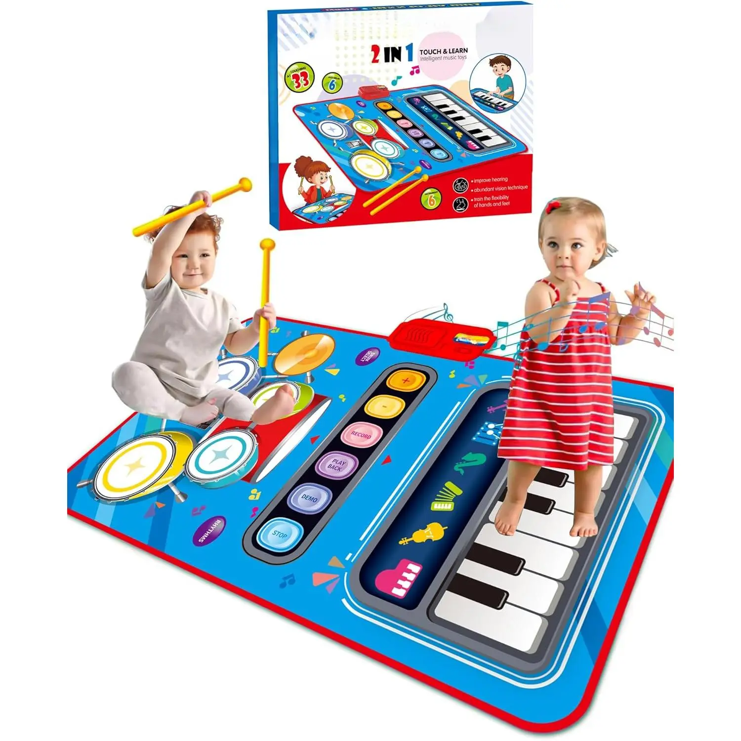 Musical Playmat for Toddlers 1-2 Year Olds, Blue Interactive Toy with Piano & Drum Musical Keys, Adjustable Volume, Birthday Gift for Boys & Girls, Adjustable Vol., Interactive Play, Mat Toy, 12-18 Months, Drum Set