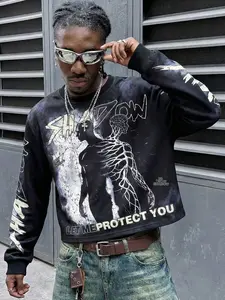 Men's Streetwear Cartoon Print Long Sleeve Cropped Hoodie Sweatshirts, Loose Fit Round Neck Design, Trendy Casual Fall & Winter Fashion