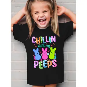 Easter Egg Festival DX5215 Summer Girls' Fashion Short Sleeve T-Shirt with 'Chillin with My Peeps' Letter Print Top