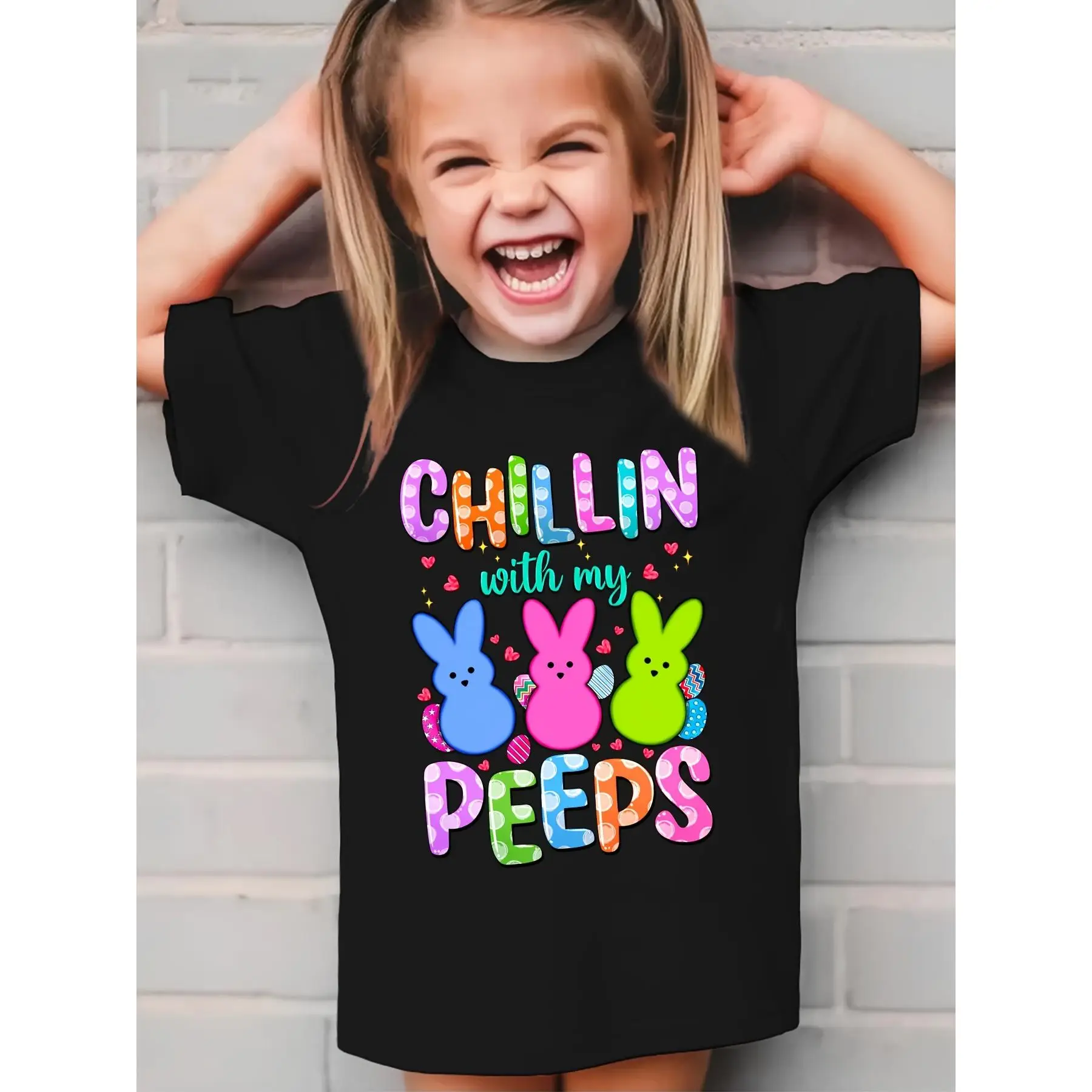 Easter Egg Festival DX5215 Summer Girls' Fashion Short Sleeve T-Shirt with 'Chillin with My Peeps' Letter Print Top