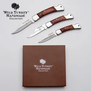 Wild Turkey Handmade 3PC Lock Back Folding Pocket Knife Set, Spanish Brown Wood Handle with Gift Box