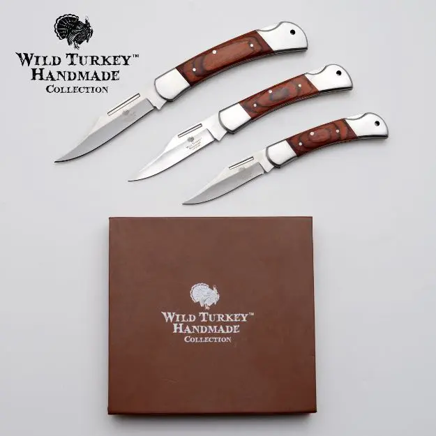 Wild Turkey Handmade 3PC Lock Back Folding Pocket Knife Set, Spanish Brown Wood Handle with Gift Box