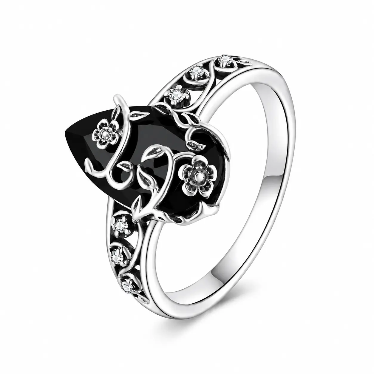 925 Sterling Silver Black Synthetic Obsidian Ring for Women, Hollow-Out Floral Pattern, Elegant Vintage Spiritual Jewelry for Protection & Daily Wear, Rings For Women
