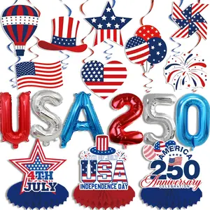 Usa 250th Anniversary Patriotic Decorations, 4th of July Party Supplies, Hanging Swirls, Balloons, Table Centerpieces, Blue