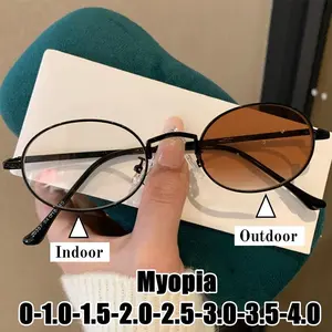 Women Men's Fashion Photochromic Myopia Glasses Retro Oval Frame Near Sight Eyewear Vintage Color Changing Eyeglasses0-1.0-4.0