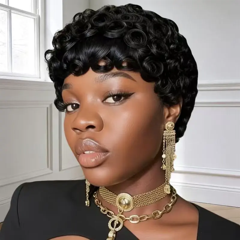 Short Human Hair Pixie Cut Wig Glueless Curly With Bangs Adjustable Cap Amazon.com : HOTKIS Pixie Cut Wig Human Hair - Natural Curly  main image 2