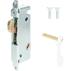 Mortise Lock with White Latch Lever, Adjustable Spring- Hook Latch Projection for Sliding Patio Doors, 45  Angle Keyway, Fits 3-11/16" Hole Spacing, Round-End Faceplate