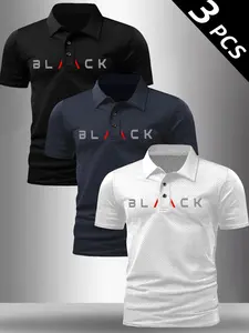 Men's Summer Plaid Short Sleeve Classic Fitted Polo Shirt Set, Fashionable Stretch Fabric, Graphic Cow Print Design, Casual Daily Wear, 3 Piece Pack