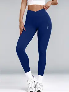 Women's Seamless V-Back Yoga Pants, High-Waist Slim Fit Sportswear, Four-Sided Stretch Breathable Solid Navy Fitness Leggings, Stretchy Workout Leggings, Yoga Activewear