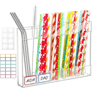 9.5"  Straw Holder with Double Sided Adhesive and Stickers, Straws Organizer Storage Dispenser for Counter Cabinet Cupboard Kitchen Door (Transparent)