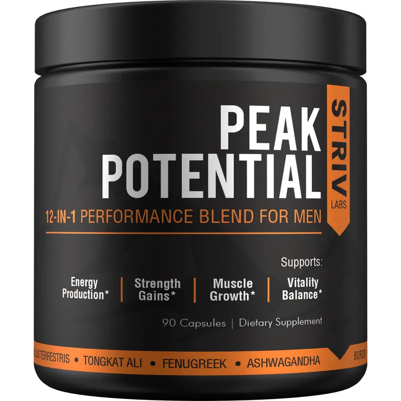 Peak Potential 12-in-1 Men's Testosterone Booster - Fenugreek, Ashwagandha, Tongkat Ali - Natural Energy, Strength Support - No Preservatives - 90 Capsules