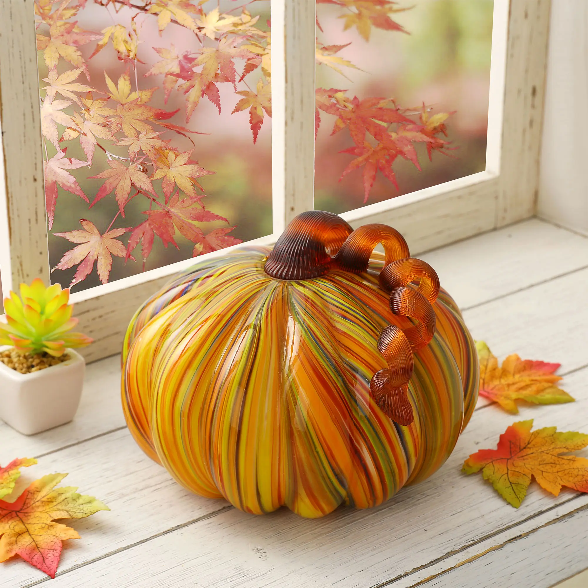 Glitzhome Handmade Multi-Striped Glass Large Pumpkin, 8.5"D x 6.75"H, Unique Customized Harvest Ornaments, Halloween Room Decoration for Home Festive Supplies, Indoor