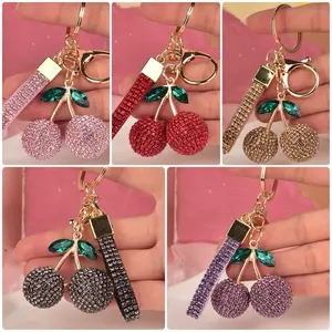 OC Cherry Keychain with Sparkling Rhinestones and Gold Tone Ring for Stylish Accessory