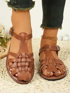 Women's Woven Hollow Out Flat Sandals, Strappy Sandals, Casual Buckle Strap Slip-On Shoes, Lightweight Ethnic Style Leather-Look Summer Sandals, Classic Retro Shoes for Daily Wear, Work, Vacation