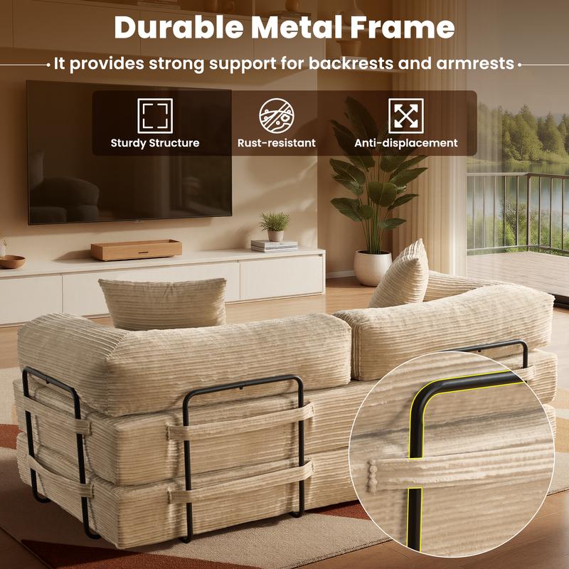 POUUIN 81" Boneless Convertible Sleeper Sofa Bed with Cylindrical Pillow, Ultra-Soft Corduroy Folding Mattress Couch with Fixed-Shape Frame, 5-in-1 Multi-Functional Floor Sofa Lounge Couch, Space‑Saving Folding Sofa Bed for Living Room/Bedroom/Small Space