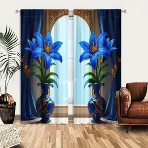 2pcs Window Curtains, Two vibrant blue lilies in ornate blue and gold vases flank an arched window, with blue curtains and a bright sky backdrop.Window Drapes for Bedroom Living Room, Rod Pocket Window Treatment