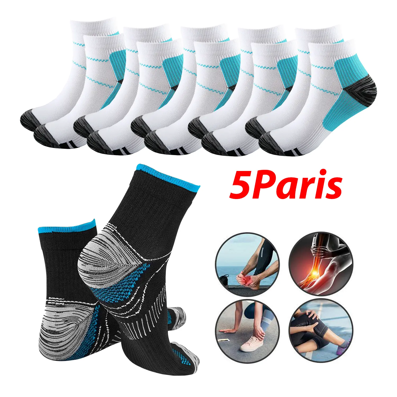 5 Pairs Compression Ankle Support Socks for Men & Women - Soft, Breathable, Moisture-Wicking, Cushioned Athletic Travel Socks for Plantar & Circulatory Support, Travel Compression Socks summerwins sock men woman