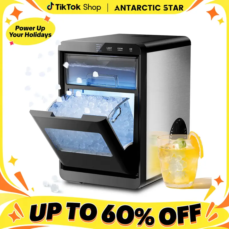 Antarctic Star Compact Nugget Ice Machine - 1.2kg Capacity, 10-15min Quick Making, 45Lbs/Day, 1.8L, Dual-Door Visual Design, Self-Cleaning, 24H Timer, Enhanced Insulation, LED Controls, Ice Cubes Maker for Home/Office Kitchen Appliances,techvibes
